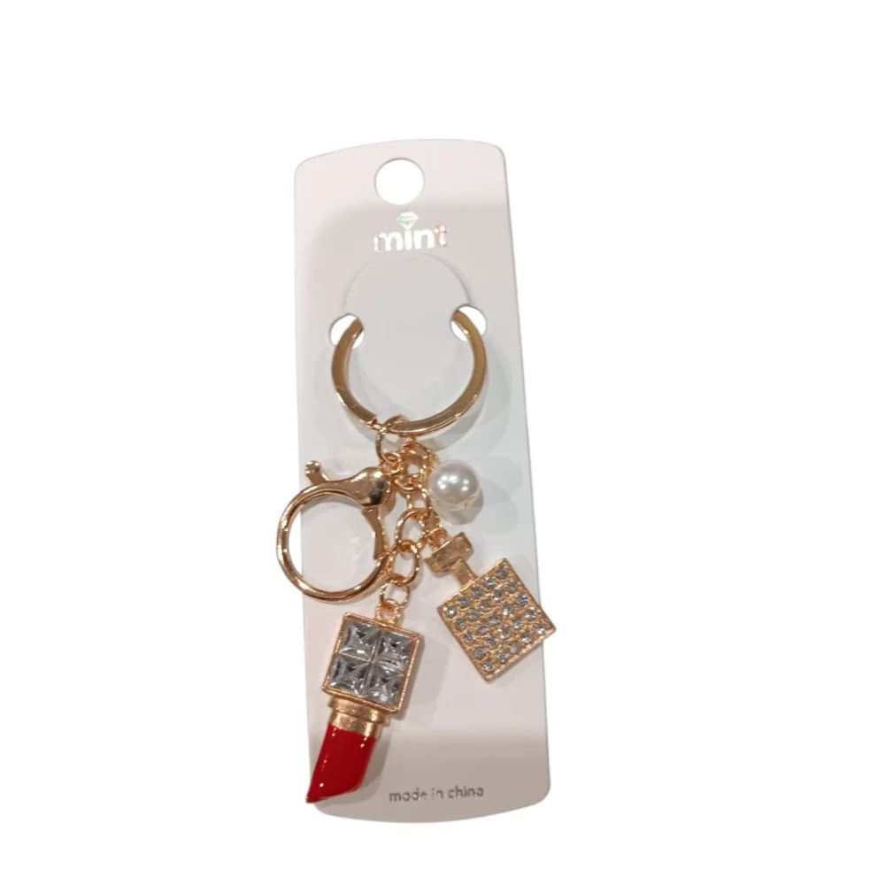 Rhinestone Lipstick, Perfume Bottle, Pearl Bling Keychain Purse Charm Red & Gold